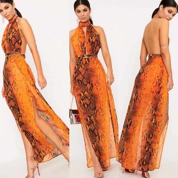 orange snakeskin maxi dress